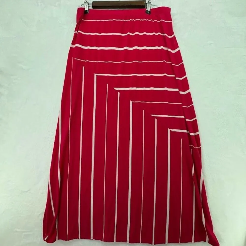 Susan Graver‎ Women's Maxi Skirt Size Large Pink w/ White Stripes Elastic Waist